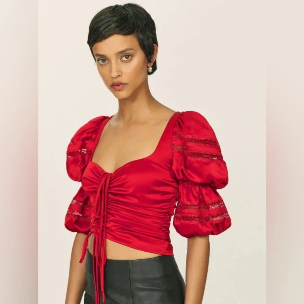 New! Reformation The Collection Winchester Puff Sleeve Blouse in Cherry Red 🍒 4